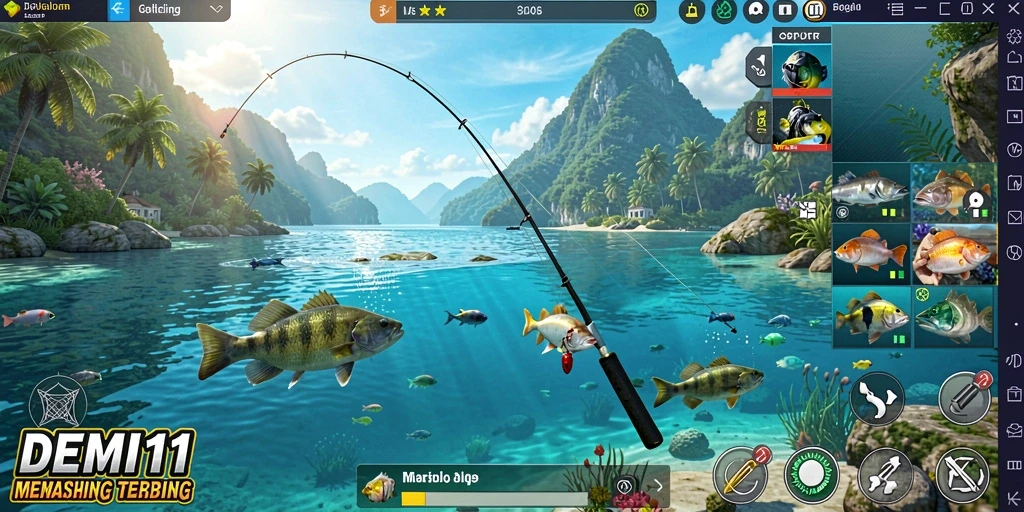Screenshot gameplay DEMI11 menampilkan pengalaman memancing yang mendebarkan.