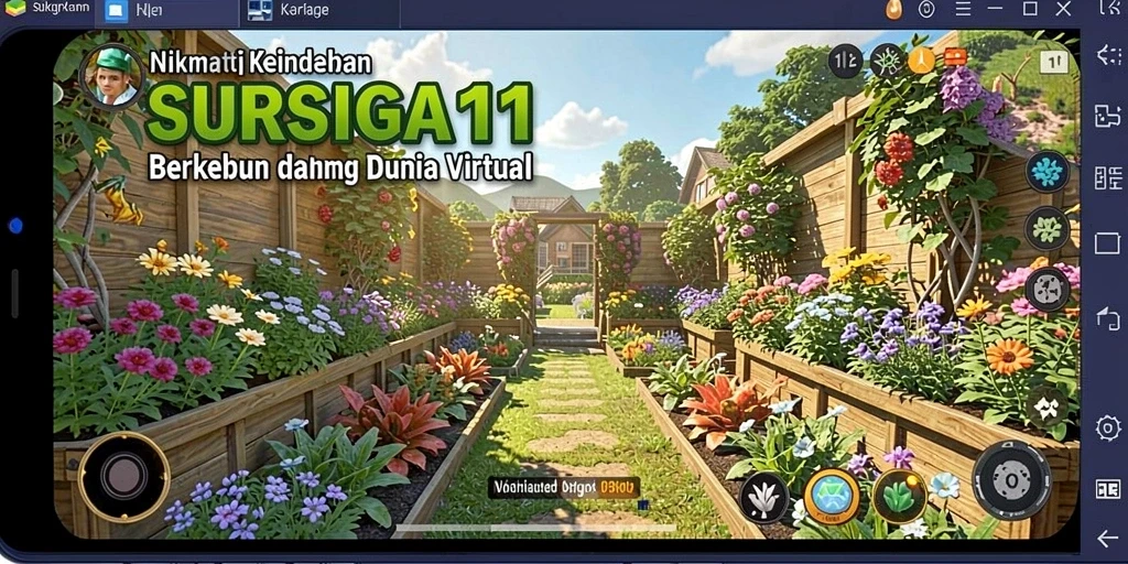 Tangkapan layar gameplay SURGA11 menampilkan kebun yang rimbun dan tanaman subur.