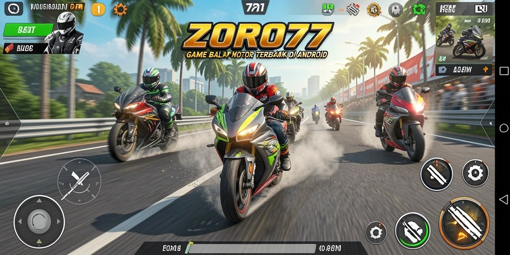 Tampilan gameplay seru dalam ZORO77 dengan balapan motor yang mendebarkan.